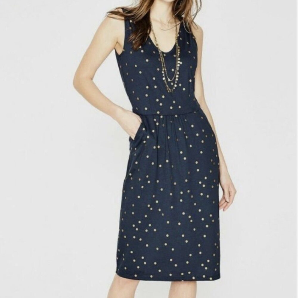 Boden Melinda Jersey dress, navy and gold polka dot, size 10